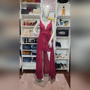 LULU'S Plunging V-Neck Burgundy Lace with Sheer Overlay